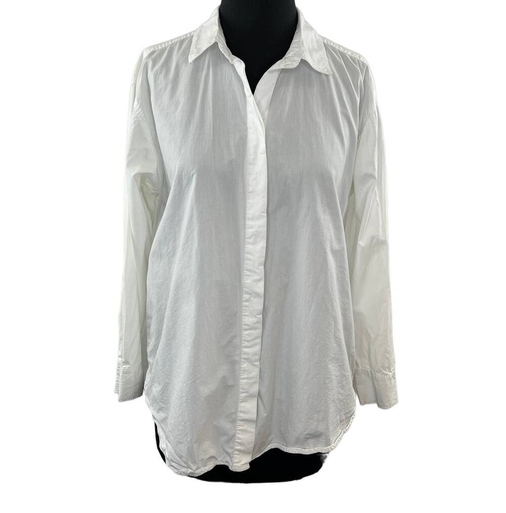 H&M White Cotton Poplin Button-Up Long Sleeve Shirt Oversized Collared Top S